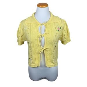 Hazel Moon Tie Front Cardigan Short Sleeve Yellow Floral Embroidered Women's S